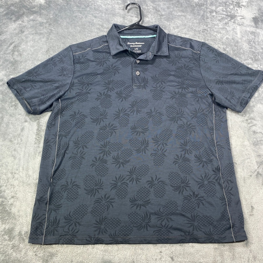 Tommy Bahama Island Zone Polo Shirt Men Large Black All Over Print Hawaiian
